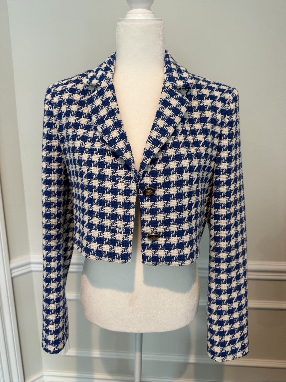 Zara Cropped Houndstooth Blazer - Blue & White